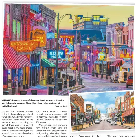 ??  ?? HISTORIC: Beale St is one of the most iconic streets in America and is home to some of Memphis’s blues clubs (pictured at twilight, above). Pictures: iStock