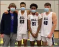  ?? COURTESY HILL SCHOOL ATHLETICS ?? Hill School seniors, from left, Evin Timochenko, Trey Hicks, Gabe Dorsey and Rap Buivydas capped their season with three wins at Millbrook School in New York.