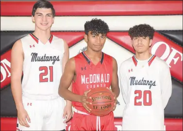  ?? SPECIAL TO MCDONALD COUNTY PRESS ?? RICK PECK/
Senior members of the 2020 McDonald County High School’s boys’ basketball team. From left to right: Jackson Clarkson, Trent Alik and Irael Marcos.