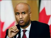  ?? CP PHOTO SEAN KILPATRICK ?? Minister of Families, Children and Social Developmen­t Ahmed Hussen speaks in Ottawa on Tuesday.