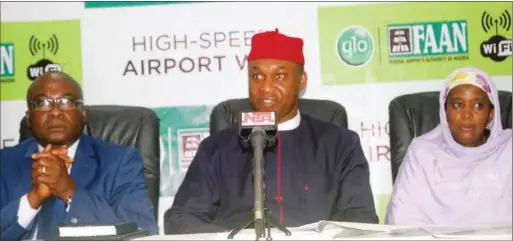  ??  ?? Former Minister of Aviation, Chief Osita Chidoka (Centre), flanked by the Permanent Secretary, Federal Ministry of Aviation, Hajia Binta Adamu Bello (right), and Globacom’s Coordinato­r, Business Solutions, Mr. Ike Oraekwuotu (left), at the launch of...