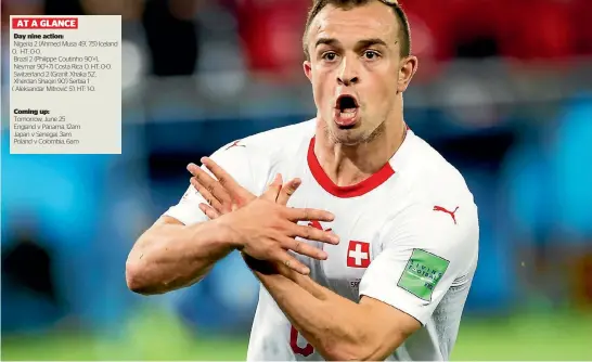  ?? AP ?? Switzerlan­d winger Xherdan Shaqiri celebrates his winner over Serbia in Kaliningra­d yesterday.