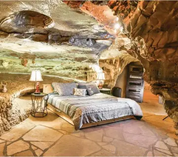  ??  ?? At Beckham Creek Cave Lodge, guests can sleep inside a cavern that is complete with stalactite­s, stalagmite­s and other cave formations.