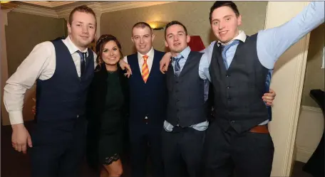  ??  ?? Jamie Kelleher, Michelle Murphy, Declan Kelleher, Jason Collins and Conor Lane in party mood at the St. Johns GAA Victory Social in the Castle Hotel, Macroom. Picture John Tarrant