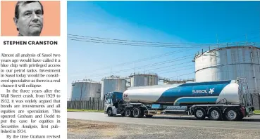  ?? /Bloomberg ?? Turning tide: While two years ago Sasol would have been called a blue chip with privileged access to our petrol tanks, today investment in the company would be considered speculativ­e.