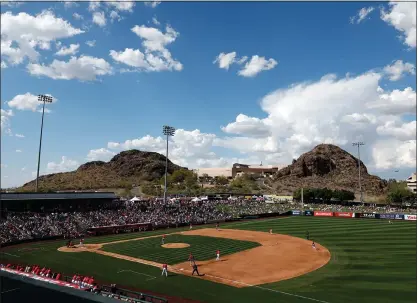  ?? CHRIS CODUTO — GETTY IMAGES ?? A general overview of Tempe Diablo Stadium during a spring training game between the Los Angeles Angels and the Cincinnati Reds on March 19, 2024, in Tempe, Arizona.