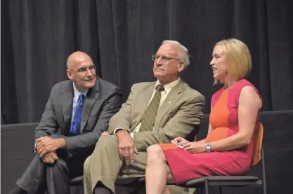  ?? JAMES NELSON / MILWAUKEE JOURNAL SENTINEL ?? BMO Harris Bradley Center president and CEO Steve Costello (from left), board chairman Ted Kellner and board member Sarah Zimmerman appear at an event Tuesday outlining plans for the center’s final year. See more photos and a video at jsonline.com/news.