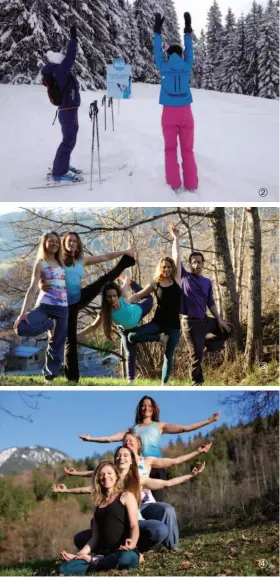  ??  ?? ➀ La piste de Yogis à Morzine © jbbieuvill­e
➁ Un étirement tout simple pour débuter la piste des Yogis de Morzine
➂ ➃ Manalaya Courchevel 1 © apacheprod.com paul-henry de baère
➄ cours de Charlotte Saint-jean Val d'isere