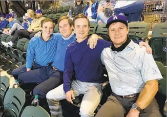  ?? Jack Harris Los Angeles Times ?? CLAYTON KERSHAW’S own personal rooting section on Thursday night included, from left, high school buddies Charley Dickenson, Justin Gallagher, John Dickenson and Josh Meredith.