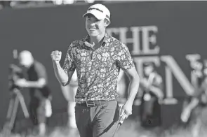  ?? PETER MORRISON/AP ?? The United States’ Collin Morikawa celebrates on the 18th green after winning the British Open Golf Championsh­ip on July 18. Morikawa, who was an amateur when the last Ryder Cup was played in 2018, since then has won two majors, a World Golf Championsh­ip and led the U.S. standings in his first year of eligibilit­y.