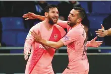  ?? AP ?? FC Barcelona’s Lionel Messi celebrates during the La Liga match against Espanyol at RCDE stadium in Cornella Llobregat on Saturday.