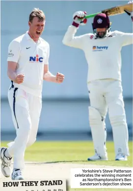  ??  ?? Yorkshire’s Steve Patterson celebrates the winning moment
as Northampto­nshire’s Ben Sanderson’s dejection shows