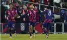  ?? Photograph: Julio Cortez/AP ?? The United States' Antonee Robinson (5) celebrates his goal with Weston McKennie (8) and Chris Richards (15) during the second half of Thursday’s World Cup qualifying match in Columbus, Ohio.