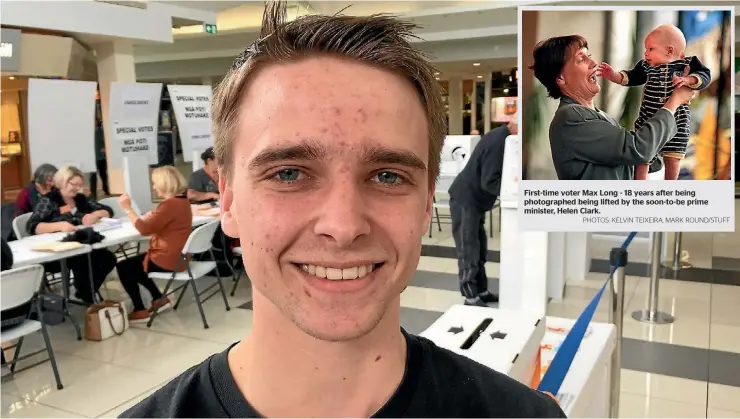  ?? PHOTOS: KELVIN TEIXEIRA, MARK ROUND/STUFF ?? First-time voter Max Long - 18 years after being photograph­ed being lifted by the soon-to-be prime minister, Helen Clark.