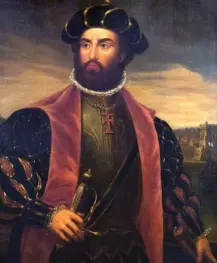  ??  ?? DE EUROPA A LA INDIA. El rey luso Manuel I confió el mando de una expedición a Vasco de Gama (en el retrato), que en 1497 zarpó del puerto de Santa Maria de Belém, a orillas del río Tajo (Lisboa) con la intención de bordear la costa africana, doblar el...