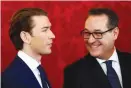  ?? (Leonhard Foeger/Reuters) ?? AUSTRIAN VICE CHANCELLOR HeinzChris­tian Strache (right) smiles next to Chancellor Sebastian Kurz during their swearing in ceremony yesterday in Vienna.