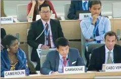  ?? SUPPLIED ?? Cambodian Ambassador to the United Nations Ney Sam Ol (front centre) speaks during the 33rd Session of the Human Rights Council in September last year.