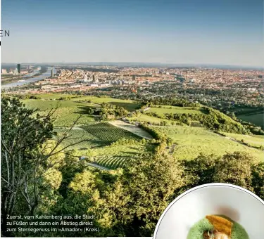  ??  ?? Zuerst, vom Kahlenberg aus, die Stadt zu Füßen und dann ein Abstieg direkt zum Sternegenu­ss im »Amador« (Kreis).