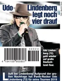  ??  ?? Udo Lindenberg (72) geht wieder auf große Deutschlan­d-Tour.