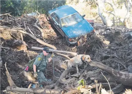  ?? Frederic J. Brown, AFP ?? A searcher and his dog sift through debris looking for mudslide victims Sunday in Montecito, Calif.