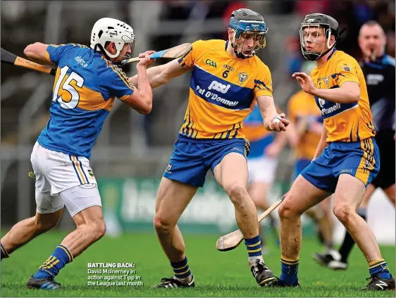  ??  ?? BATTLING BACK: David McInerney in action against Tipp in the League last month