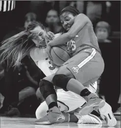  ?? ERIC ALBRECHT/TRIBUNE NEWS SERVICE ?? Ohio State's Kiara Lewis, right, tangles with Notre Dame's Kathryn Westbeld during the NCAA Tournament at Rupp Arena in Lexington, Ky., on Friday.