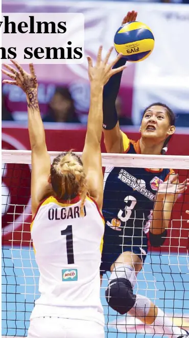  ?? JOEY MENDOZA JR. ?? Jaja Santiago of Foton unloads a hard spike against Alexis Olgard of Philips Gold in their match in the Super Liga Grand Prix yesterday at the San Juan Arena.