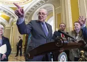  ?? ?? Senate Majority Leader Chuck Schumer, D-N.Y., meets with reporters to discuss efforts to pass the final set of spending bills to avoid a partial government shutdown, at the Capitol in Washington on Wednesday.