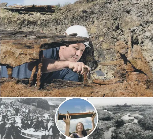  ?? PICTURES: SCOTT MERRYLEES. ?? THE PAST EMERGES: Andy Robinson unearths the boat at the dig at Bellhouse Basin in Staveley; members of the Staveley community with a Cuckoo narrowboat used to carry supplies and freight; volunteer Charlotte Robinson with a model of a Cuckoo and the...