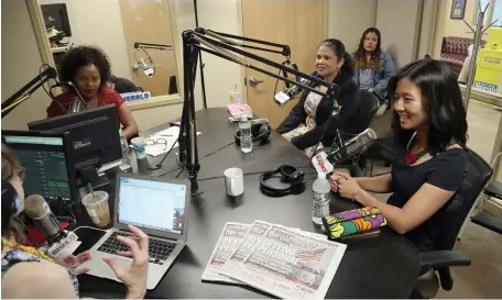  ?? JIM MAHONEY PHOTOS / HERALD STAFF ?? ON AIR: Boston City Councilor Kim Janey, left, candidate for council Alejandra St. Guillen, center, and councilor At-Large Michelle Wu speak about transit issues on Boston Herald Radio on Wednesday.