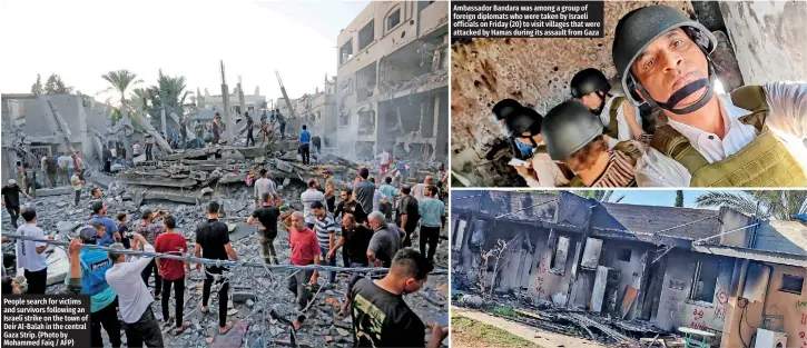  ?? ?? People search for victims and survivors following an Israeli strike on the town of Deir Al-Balah in the central Gaza Strip. (Photo by Mohammed Faiq / AFP)