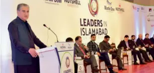  ?? Shah Mehmood Qureshi addressing the business leaders summit in Islamabad on Wednesday. — APP ??