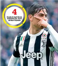  ?? — AP ?? Goals in last three matches for Juve striker Dybala Juventus’ Argentinia­n striker Paulo Dybala celebrates after scoring against Udinese on Sunday.