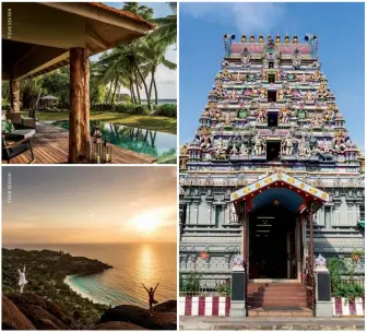  ??  ?? Clockwise from top left: The new Four Seasons Desroches; a Hindu temple in the capital, Victoria; aquatic wonders; yoga with a view on Mahe Island