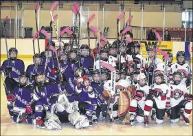  ?? FRAM DINSHAW/ TRURO NEWS ?? Truro Atom A Bearcats and their Cumberland Ramblers opponents gathered in unity Saturday at the RECC. Hockey players from both teams joined others across the province in wrapping pink tape around their sticks, sending a clear anti-bullying message.