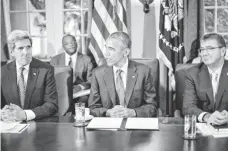  ?? PABLO MARTINEZ MONSIVAIS, AP ?? From left, Secretary of State John Kerry, President Obama and Defense Secretary Ash Carter at the White House.