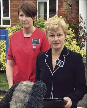  ?? AP PHOTO ?? Dr. Christine Blanshard, Medical Director, and Lorna Wilkinson, director of nursing, left, make a statement outside the District Hospital in Salisbury, England, Tuesday April 10, 2018, giving an update on the condition of nerve agent poison victims...