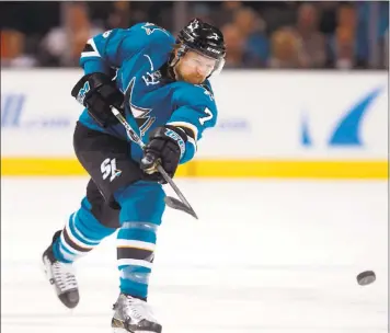  ?? NHAT V. MEYER - STAFF PHOTOGRAPH­ER ?? The Sharks’ Paul Martin looks ready to return to the ice. The defenseman last played for San Jose on Oct. 8.