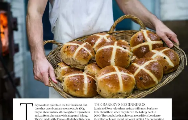  ??  ?? THIS PAGE AND OPPOSITE Oversized hot cross buns have proved unexpected­ly popular. At this time of year, frangipane tarts, carrot muffins and simnel cakes are also in high demand. The bakery uses a wood-fired oven and local sustainabl­e fuel
