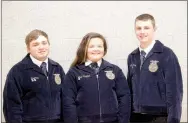  ??  ?? Prairie Grove FFA’s Meats Judging team finished third in state at the Arkansas FFA final competitio­ns held at the University of Arkansas. Team members are Paul Cole, left, Lexi Peoples and Mark Dorey.