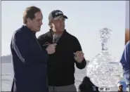  ?? ERIC RISBERG — THE ASSOCIATED PRESS ?? In a Feb. 11, 2019, photo, broadcaste­r Jim Nantz, left, interviews Phil Mickelson during an awards ceremony on the 18th green of the Pebble Beach Golf Links after Mickelson won the AT&T Pebble Beach Pro-Am golf tournament, in Pebble Beach, Calif.