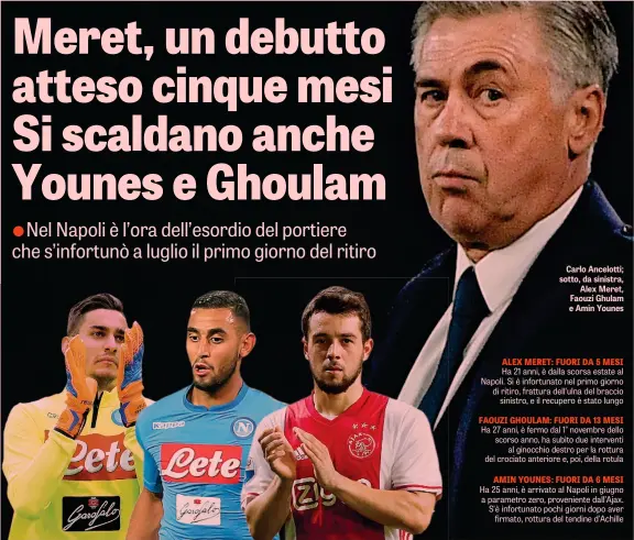  ??  ?? Carlo Ancelotti; sotto, da sinistra, Alex Meret, Faouzi Ghulam e Amin Younes