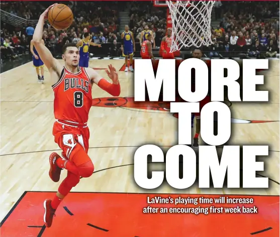  ??  ?? Guard Zach LaVine struggled Wednesday against the NBA champion Warriors, but his first three games back can be considered a huge success overall. | CHARLES REX ARBOGAST/ AP