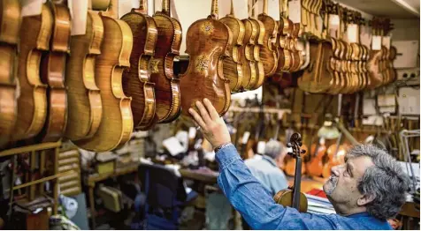  ??  ?? Amnon Weinstein in seiner Werkstatt in Tel Aviv mit Violinen, die von Holocaust Überlebend­en stammen. Einige Instrument­e ziert der Davidstern.