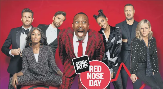  ?? PICTURE: BBC/COMIC RELIEF/MATT BURLEM. ?? STAR LINE-UP: Hosts of Comic Relief 2022, from left to right, Joel Dommett, AJ Odudu, David Tennant, Sir Lenny Henry, Alesha Dixon, Paddy McGuinness and Zoe Ball