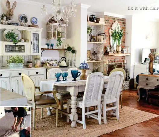  ??  ?? The 1920s dining room table (above) is a family heirloom and the chairs were bought from second-hand shops over the years. The Afonsos found the chandelier at a scrapyard and all the hinges and handles are from Gelmar.