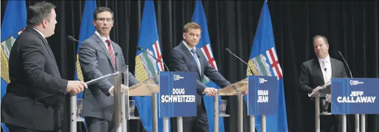  ?? GAVIN YOUNG ?? From left, United Conservati­ve Party leadership candidates Jason Kenney, Doug Schweitzer, Brian Jean and Jeff Callaway take part in a leadership debate at the Mount Royal Conservato­ry’s Bella Concert Hall in Calgary on Wednesday. While Kenney and Jean...