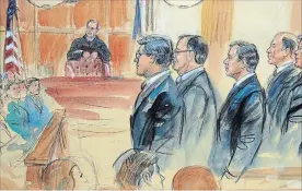  ?? DANA VERKOUTERE­N THE ASSOCIATED PRESS ?? This courtroom sketch depicts Paul Manafort, fourth from right, standing with his lawyers in front of U.S. district Judge T.S. Ellis III, centre rear, and the selected jury, seated left, during his trial at the courthouse in Alexandria, Va.