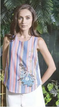  ??  ?? Rosanna Ocampo creates a botanical-inspired collection: Asymmetric­al silk cotton top with applique and striped round top with applique