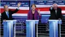  ??  ?? The Bloomberg campaign released a doctored video of the Nevada debate it called ‘tongue-in-cheek’. Photograph: Mike Blake/ Reuters